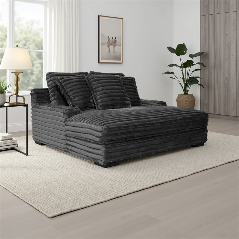 Benjara Ezo Chaise Lounge- Dark Gray Polyester Corduroy- 3 Pillows- 67 Inch
