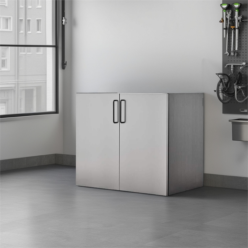 Benjara Asti Garage Wall Storage Cabinet- 32 Inch- 2 Doors- Gray Metallic