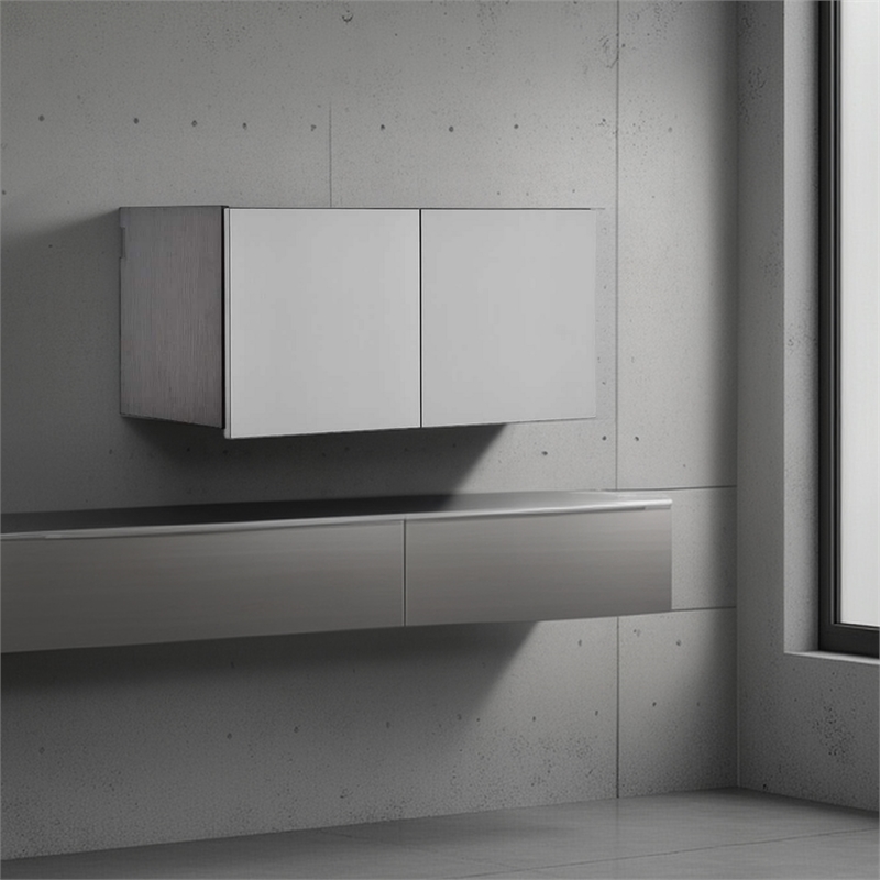 Benjara Asti Garage Wall Storage Cabinet- 32 Inch- 2 Wide Doors- Gray Metallic