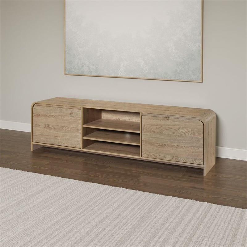 Benjara Maria TV Stand Media Cabinet- 2 Drawer and Shelves- Beige Wood 71 Inch