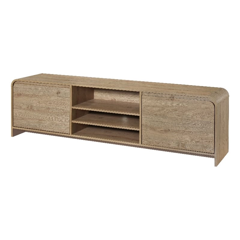 Benjara Maria TV Stand Media Cabinet- 2 Drawer and Shelves- Beige Wood 71 Inch