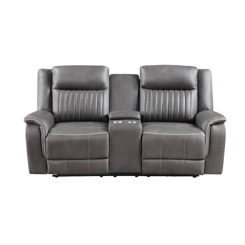 Benjara Viann Dual Manual Recliner Loveseat- Cupholder Console- Gray 76 Inch