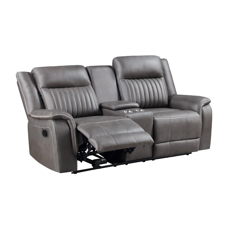 Benjara Viann Dual Manual Recliner Loveseat- Cupholder Console- Gray 76 Inch