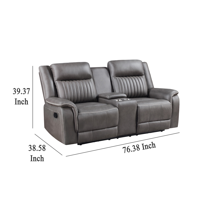 Benjara Viann Dual Manual Recliner Loveseat- Cupholder Console- Gray 76 Inch