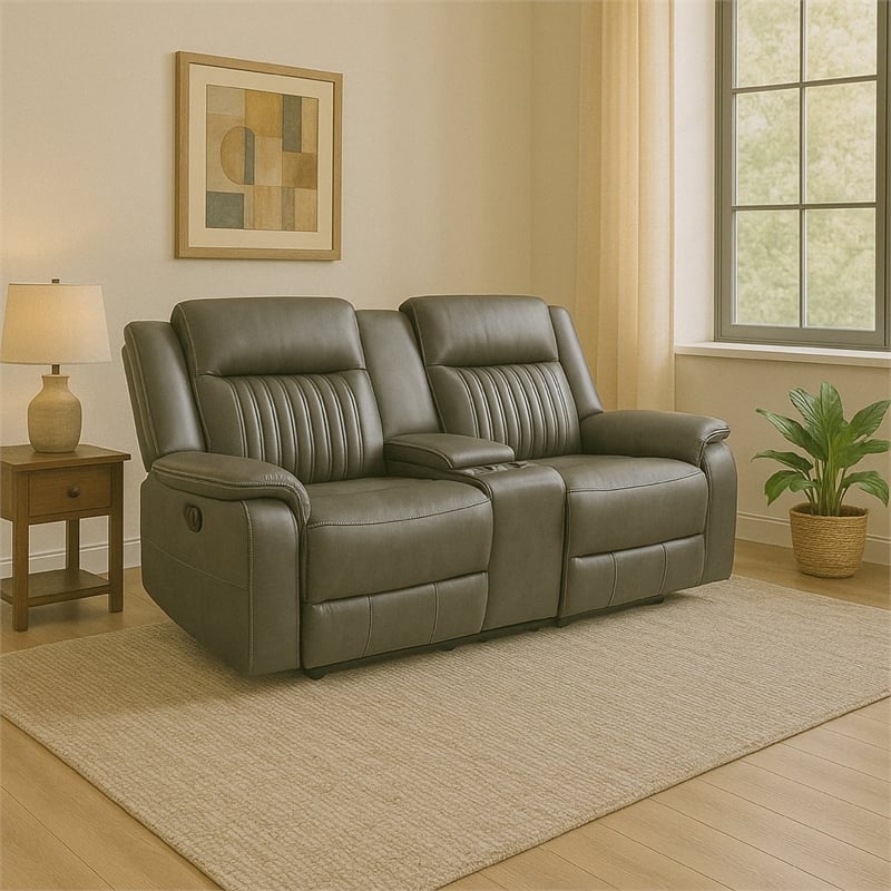 Benjara Viann Dual Manual Recliner Loveseat- Cupholder Console- Gray 76 Inch