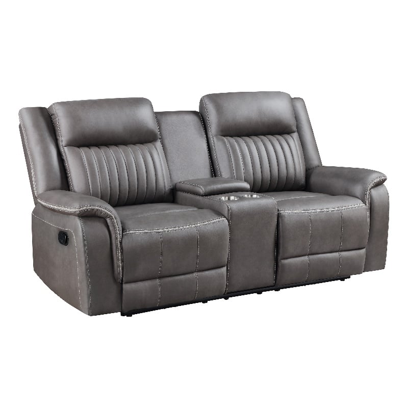 Benjara Viann Dual Manual Recliner Loveseat- Cupholder Console- Gray 76 Inch
