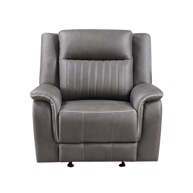 Benjara Viann Manual Glider Recliner Chair- Tufted Gray Polyester- Pillow Top