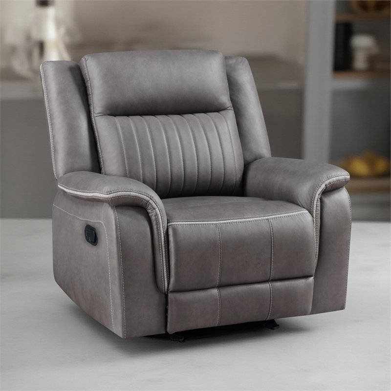 Benjara Viann Manual Glider Recliner Chair- Tufted Gray Polyester- Pillow Top