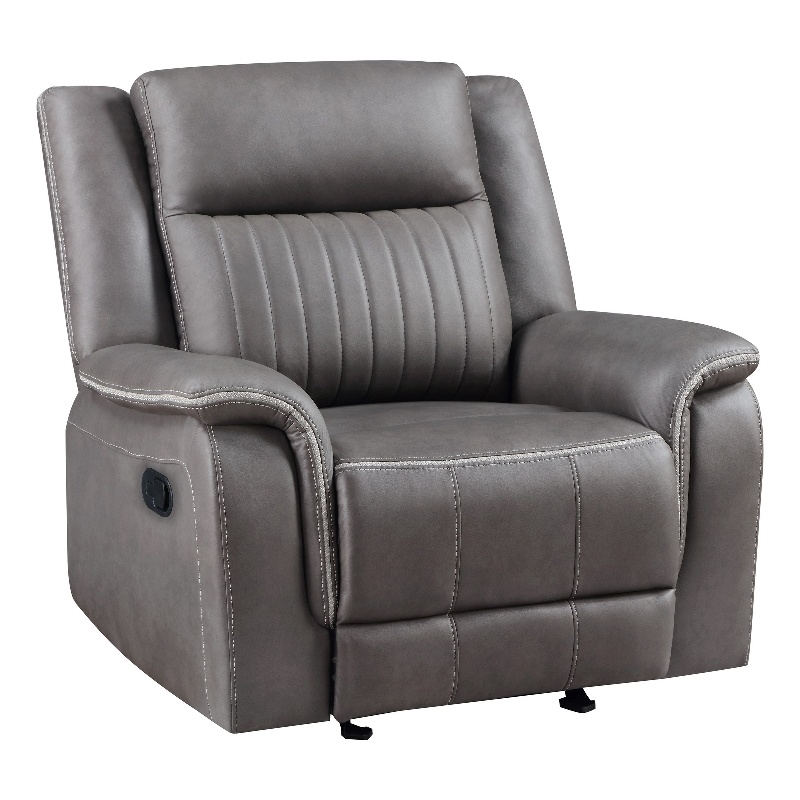 Benjara Viann Manual Glider Recliner Chair- Tufted Gray Polyester- Pillow Top