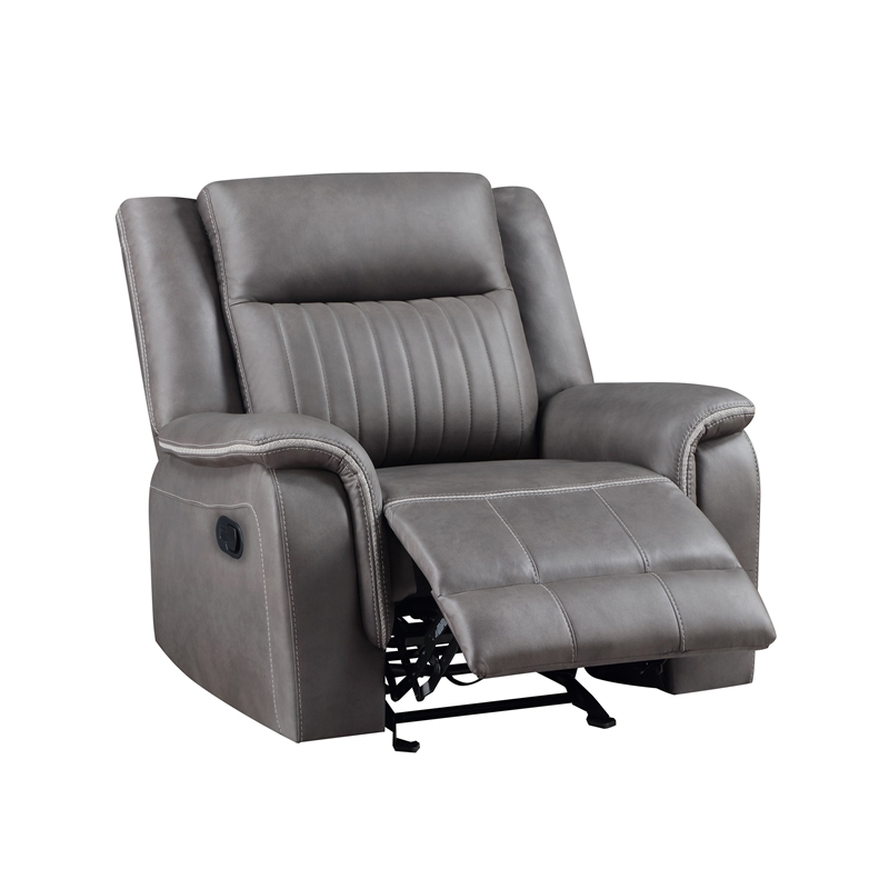 Benjara Viann Manual Glider Recliner Chair- Tufted Gray Polyester- Pillow Top