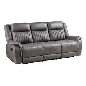 Benjara Viann Manual Reclining Sofa- Gray Polyester- Pillow Top Arms- 85 Inch