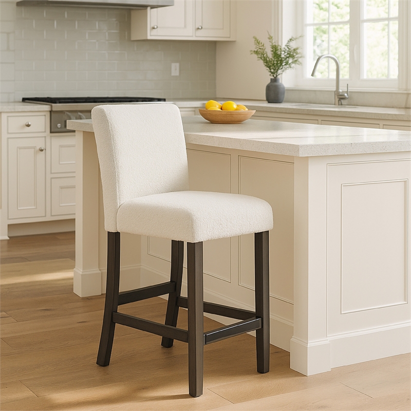 Benjara Ghy Counter Height Chair Set of 2- White Fabric- Solid Acacia Wood