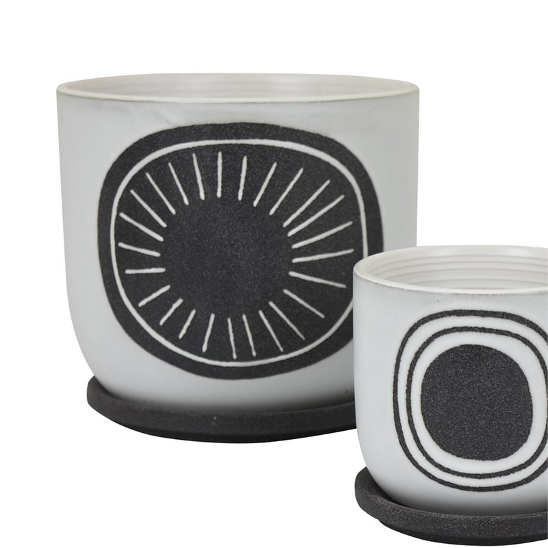 Benjara Meon 3pc Garden Planter Set- Textured White and Black Ceramic Design