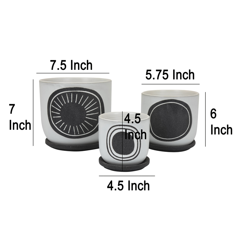 Benjara Meon 3pc Garden Planter Set- Textured White and Black Ceramic Design