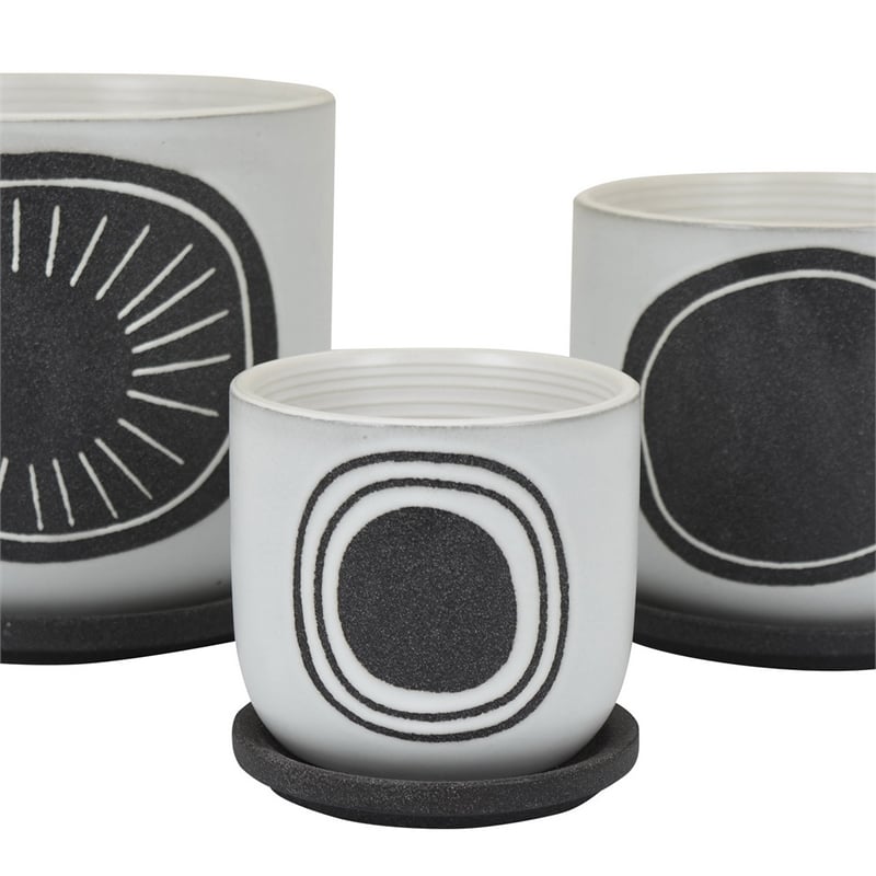 Benjara Meon 3pc Garden Planter Set- Textured White and Black Ceramic Design