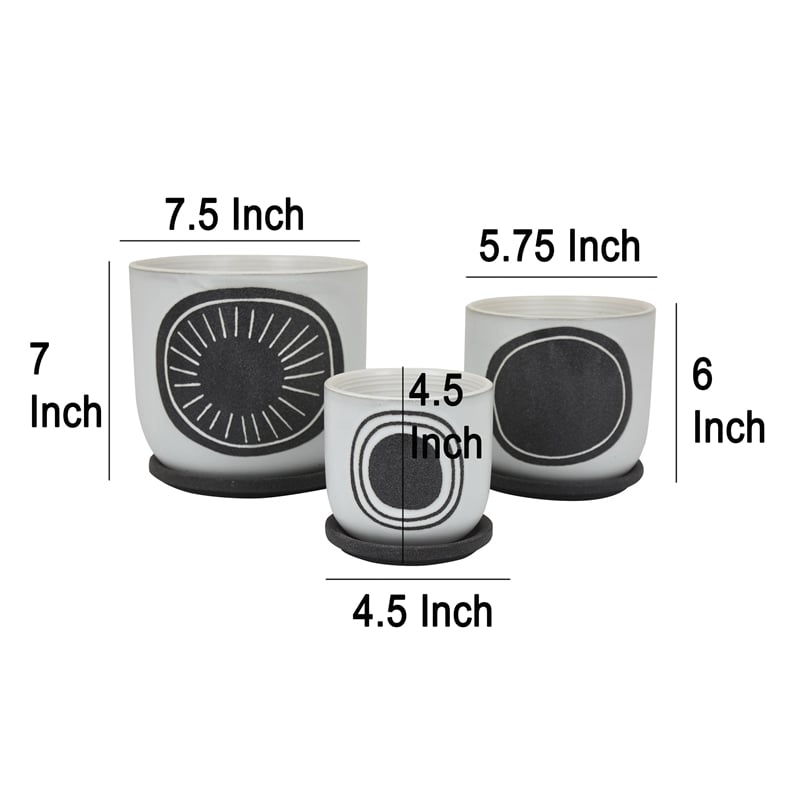 Benjara Meon 3pc Garden Planter Set- Textured White and Black Ceramic Design