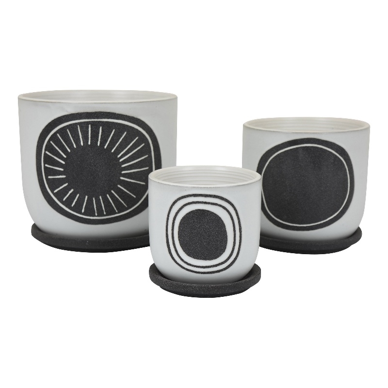 Benjara Meon 3pc Garden Planter Set- Textured White and Black Ceramic Design