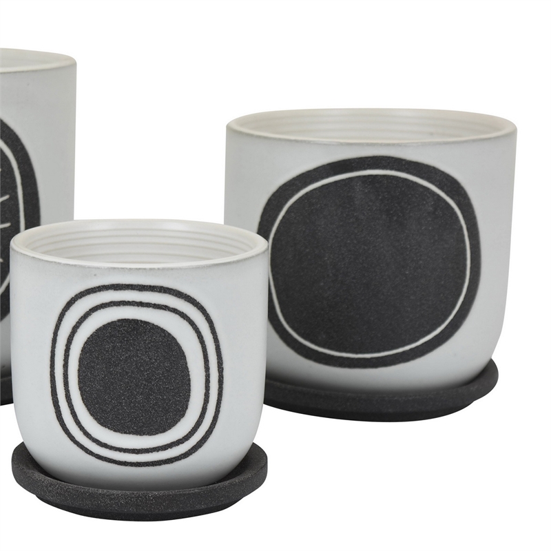 Benjara Meon 3pc Garden Planter Set- Textured White and Black Ceramic Design