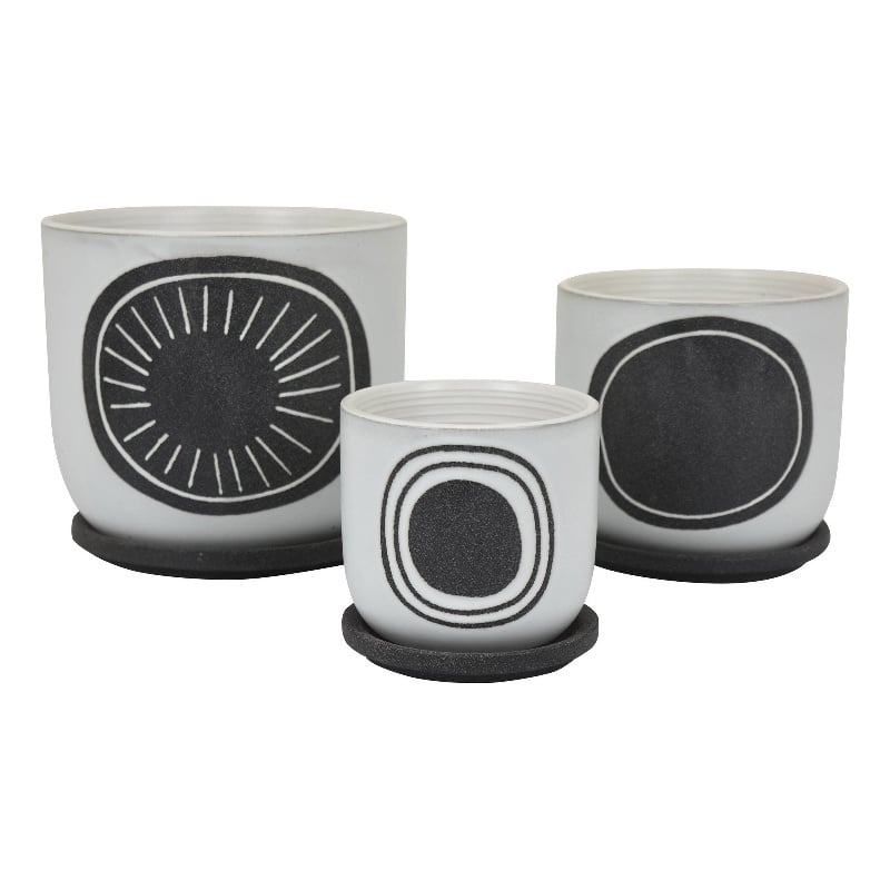 Benjara Meon 3pc Garden Planter Set- Textured White and Black Ceramic Design