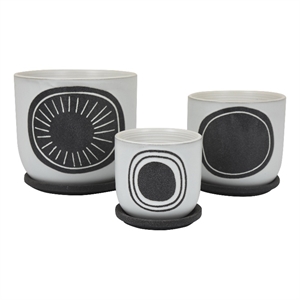 Benjara Meon 3pc Garden Planter Set- Textured White and Black Ceramic Design