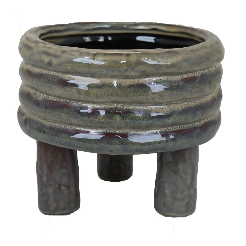 Benjara Garden Planter- Decorative Turned Style Glossy Gray Ceramic- 10 Inch