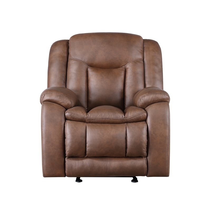 Benjara Olaf Power Recliner Chair- Chaise Footrest- Saddle Brown Faux Leather
