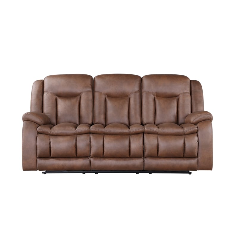 Benjara Olaf Dual Manual Recliner Sofa- Saddle Brown Faux Leather 88 Inch