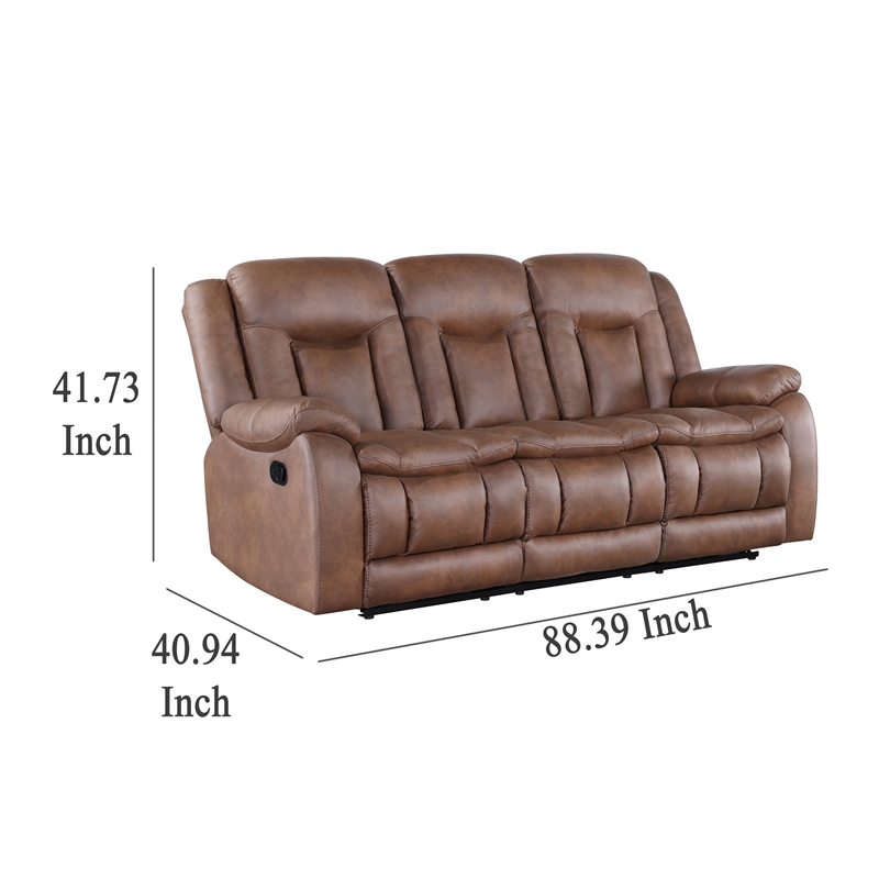 Benjara Olaf Dual Manual Recliner Sofa- Saddle Brown Faux Leather 88 Inch
