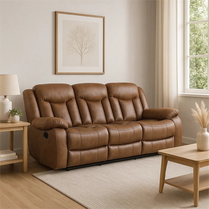Benjara Olaf Dual Manual Recliner Sofa- Saddle Brown Faux Leather 88 Inch