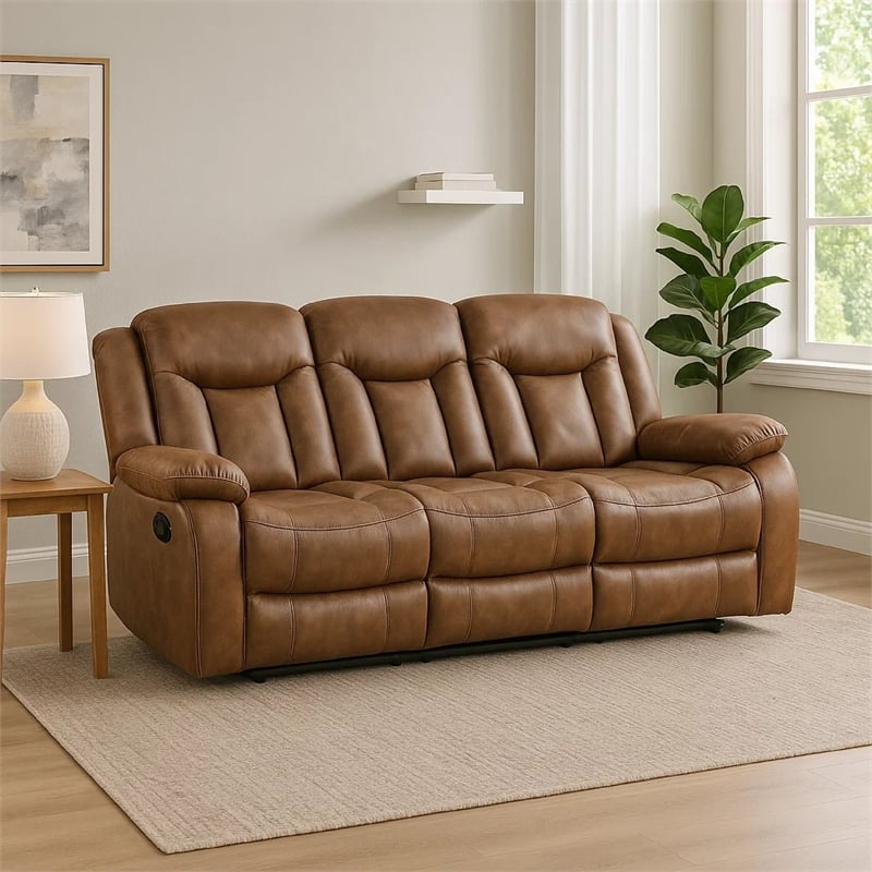 Benjara Olaf Dual Manual Recliner Sofa- Saddle Brown Faux Leather 88 Inch