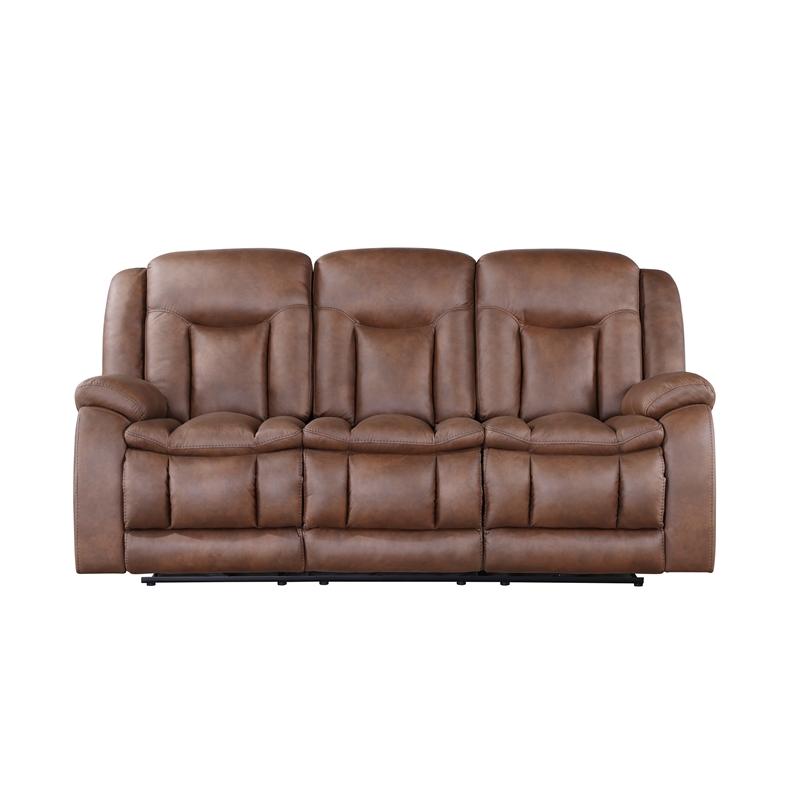 Benjara Olaf Dual Manual Recliner Sofa- Saddle Brown Faux Leather 88 Inch