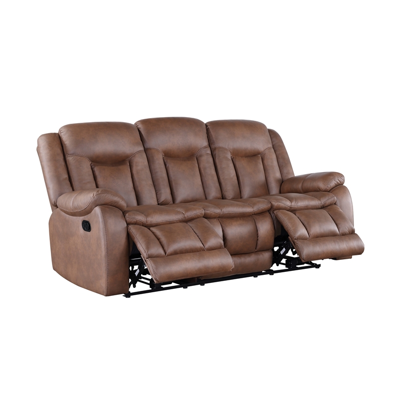 Benjara Olaf Dual Manual Recliner Sofa- Saddle Brown Faux Leather 88 Inch