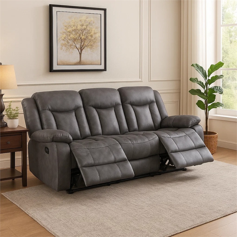 Benjara Olaf Dual Manual Recliner Sofa- Dark Gray Faux Leather 88 Inch