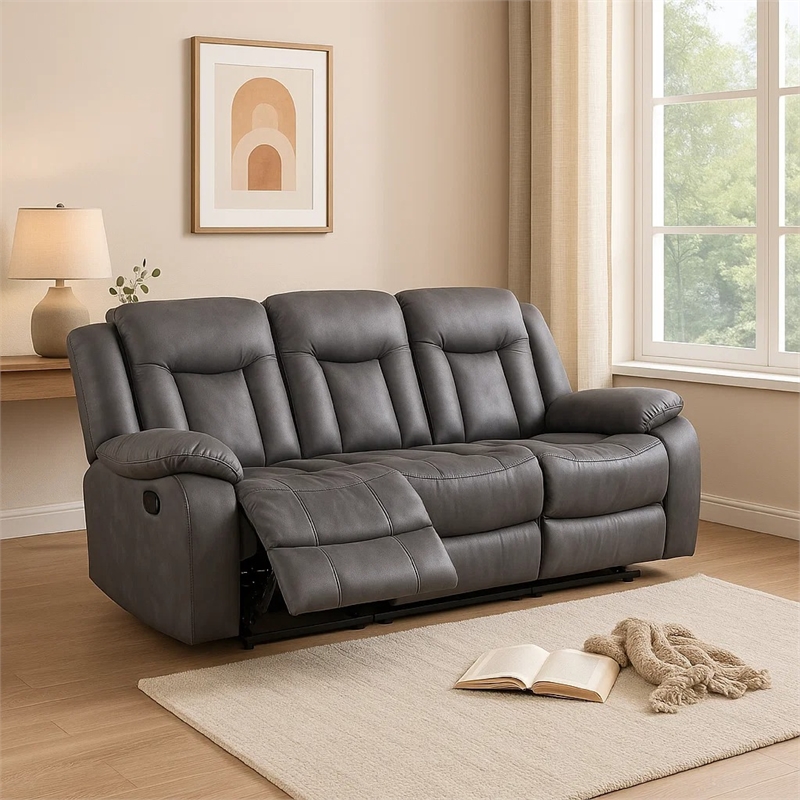 Benjara Olaf Dual Manual Recliner Sofa- Dark Gray Faux Leather 88 Inch