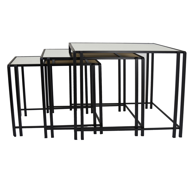 Benjara Buckley Nesting Plant Stand Table Set of 2- Black Metal- Mirrored Top