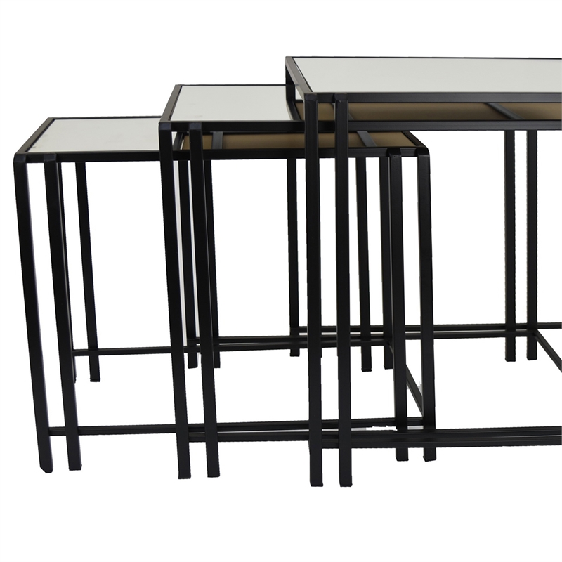 Benjara Buckley Nesting Plant Stand Table Set of 2- Black Metal- Mirrored Top