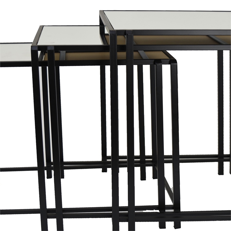 Benjara Buckley Nesting Plant Stand Table Set of 2- Black Metal- Mirrored Top