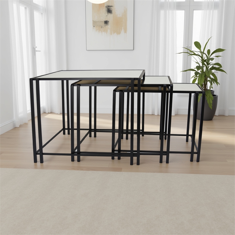 Benjara Buckley Nesting Plant Stand Table Set of 2- Black Metal- Mirrored Top