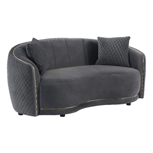 Benjara Buo Curved Loveseat- 73&quot Dark Gray Polyester- Gold Trim- 2 Pillows