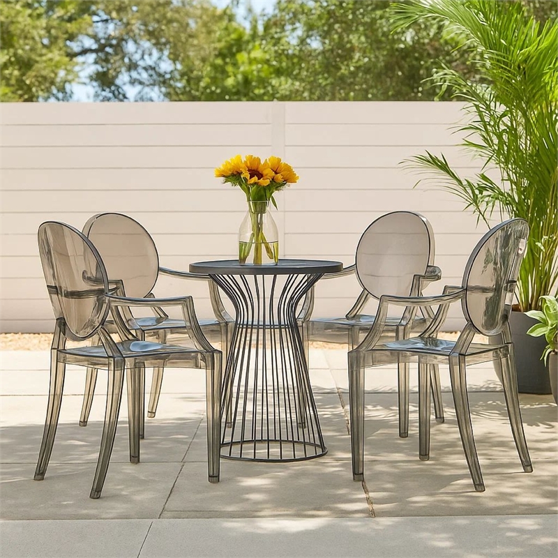 Benjara Lily 4pc Indoor Outdoor Dining Armchairs- Clear Gray Plastic