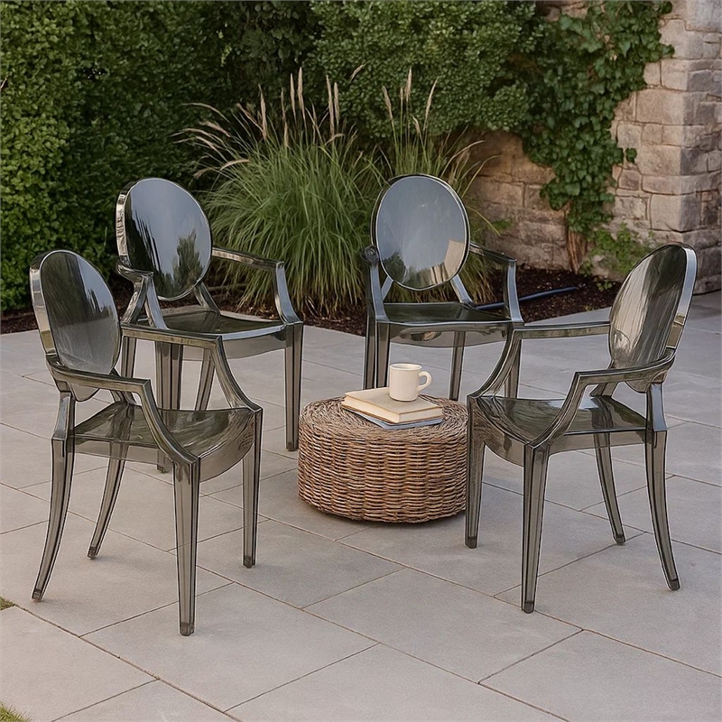 Benjara Lily 4pc Indoor Outdoor Dining Armchairs- Clear Gray Plastic