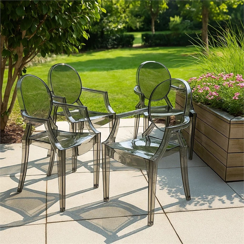 Benjara Lily 4pc Indoor Outdoor Dining Armchairs- Clear Gray Plastic
