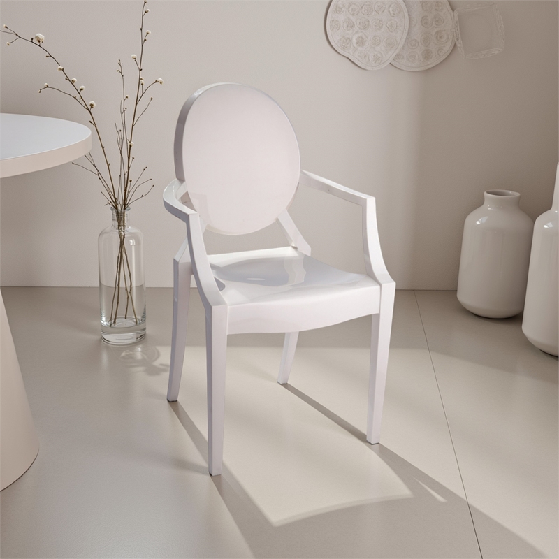 Benjara Lily Outdoor Dining Armchairs Set of 4- Round Backrest- White Plastic