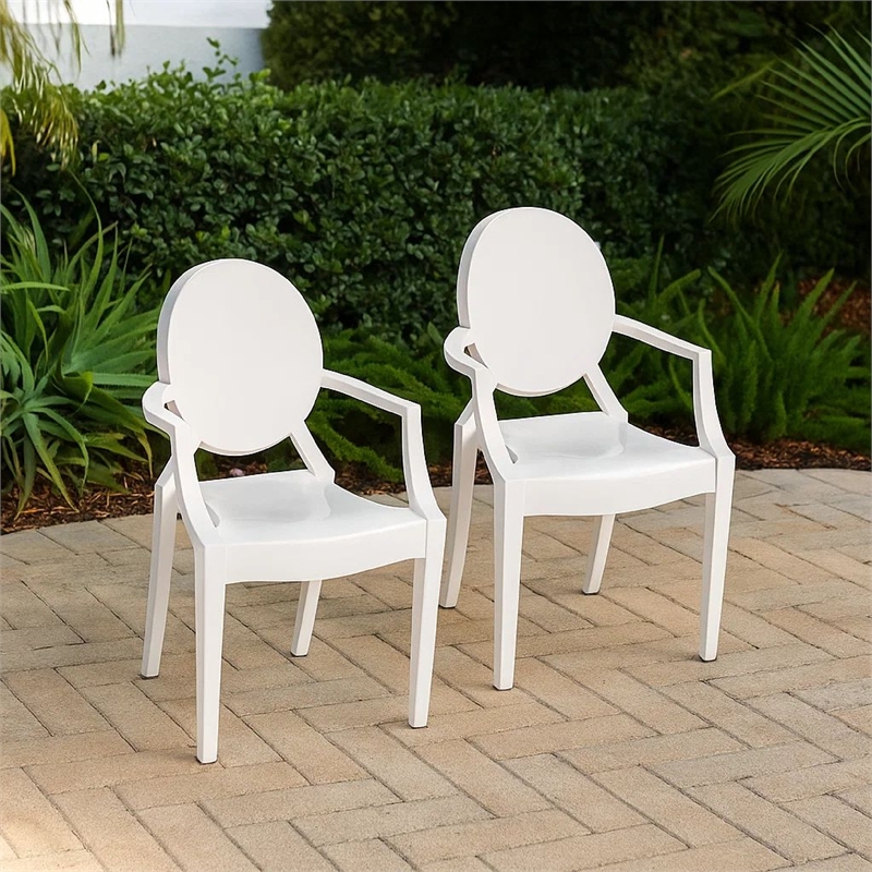 Benjara Lily Outdoor Dining Armchairs Set of 4- Round Backrest- White Plastic