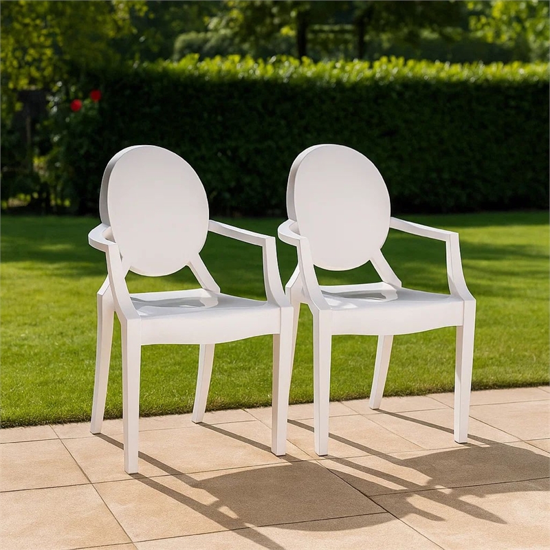 Benjara Lily Outdoor Dining Armchairs Set of 4- Round Backrest- White Plastic