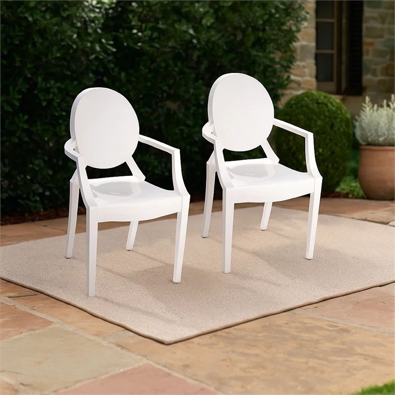Benjara Lily Outdoor Dining Armchairs Set of 4- Round Backrest- White Plastic