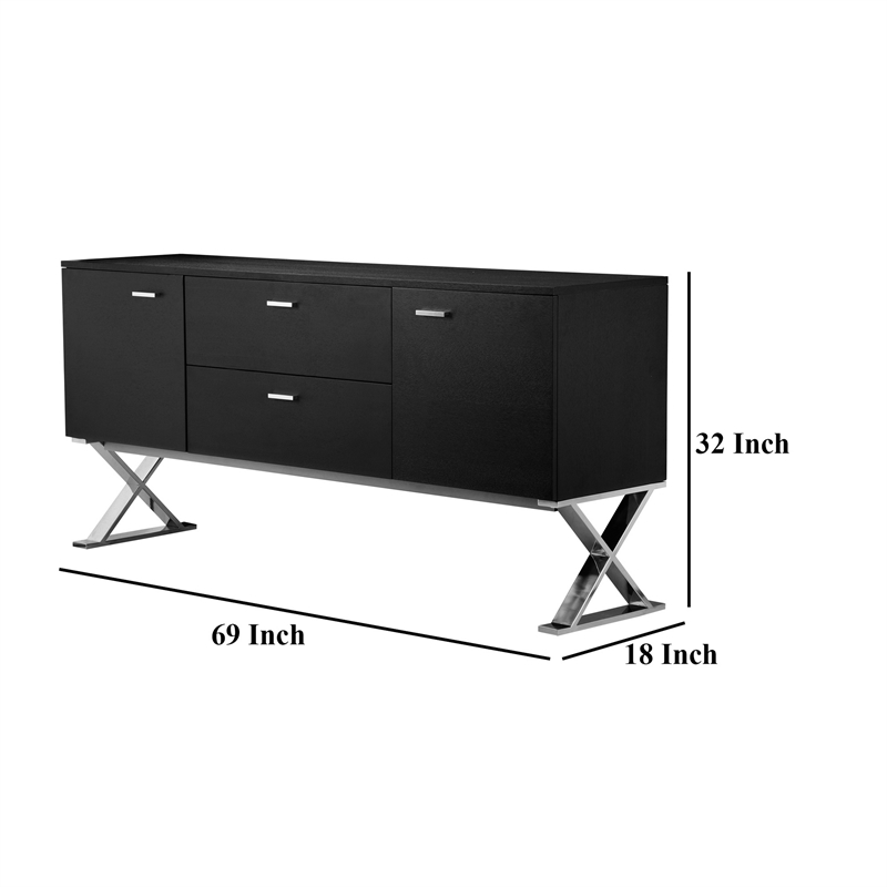 Benjara Rix Sideboard Buffet Console- 2 Door- X Chrome Legs- Black 69 Inch