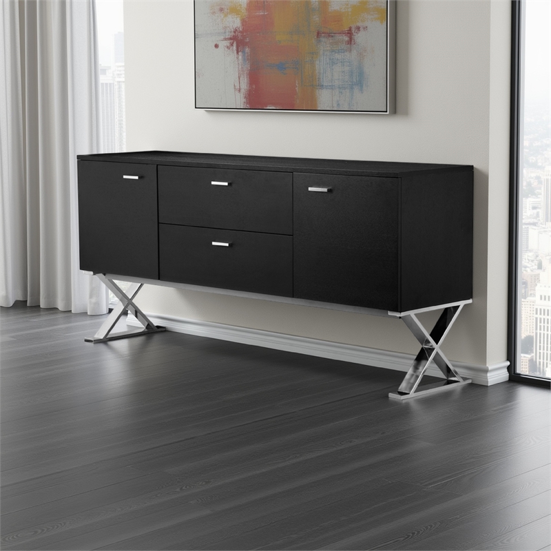 Benjara Rix Sideboard Buffet Console- 2 Door- X Chrome Legs- Black 69 Inch