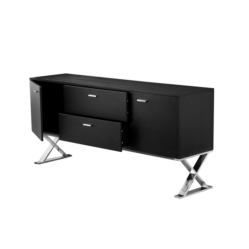 Benjara Rix Sideboard Buffet Console- 2 Door- X Chrome Legs- Black 69 Inch