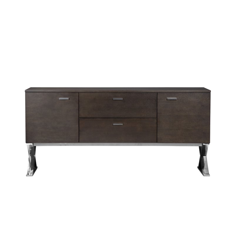 Benjara Rix Sideboard Buffet Console- 2 Door- X Chrome Legs- Brown 69 Inch